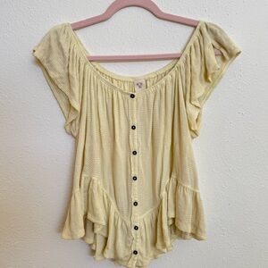 We The Free Light Yellow Button-Down Ruffle Top